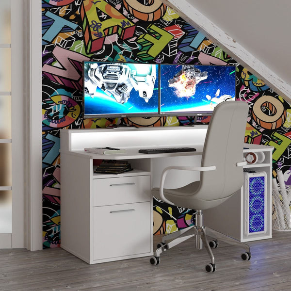 Flair Power Z Computer Gaming Desk With Colour Changing LED Lights White